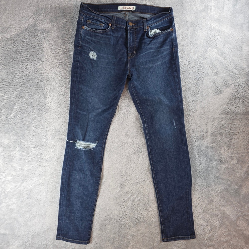 J Brand Womens 31 Dark Blue Skinny Leg Salem Distressed Mid Rise Jeans